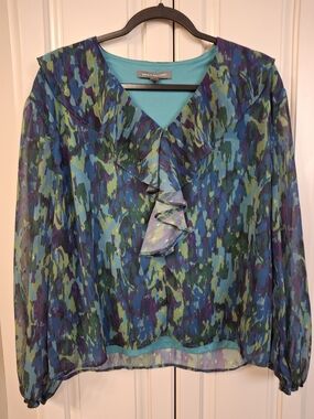 Kate & Mallory Teal and Purple Ruffled V-Neck Blouse